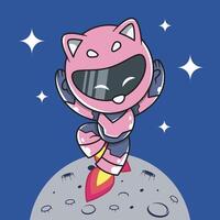 cute cat robot flying in space above the moon vector