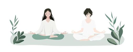 Set of flat illustrations of women in meditating yoga poses, each with soft pastel colors and minimalistic designs. With plants and nature elements vector