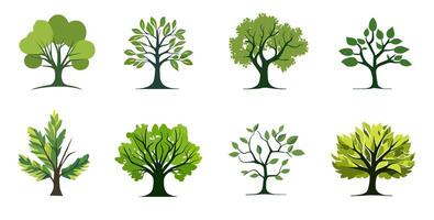 Set of illustrations green trees elements design, isolated on white background vector