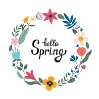 Decorative round frame with flowers and lettering hello spring. Doodle style. Copy space, design template, circle frame. Hand drawn spring and summer flowers and foliage vector