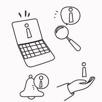 a hand holding a phone, a laptop and a magnifying glass symbol for info icon vector