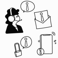 a set of icons depicting a woman with a headset, a phone, and a lock and information icon vector