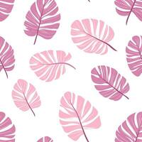 Elegant seamless pattern featuring pink tropical leaves on a white background. A stylish botanical design perfect for textiles, wallpapers, and decor vector