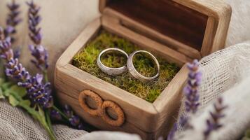 Two silver wedding rings are nestled on a bed of moss inside a rustic wooden box, adorned with lavender sprigs, symbolizing love, commitment, and a celebration of marriage photo