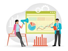 Online advertising marketing campaign management and performance on laptop with graphical data. vector