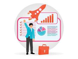 Businessman Celebrates Innovation and Progress with Rocket Graphics and Design. vector