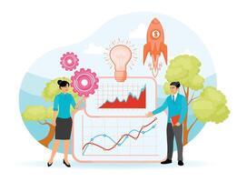 Business Team Analyzes Growth Graph With Innovation and Partnership Concept. vector
