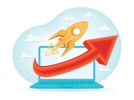Rocket launch and laptop in the background. Chart as a symbol of success. vector