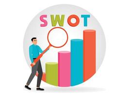 Businessman Using Magnifying Glass for SWOT Analysis on Bar Graph Illustration. vector
