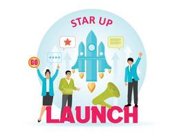 Concept New application launch. With Cheerful Enthusiasm and Rocket Symbol. vector