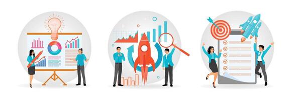Collaborates on Data Analysis. Business Growth and Innovation. Celebrating Target Achievement. vector