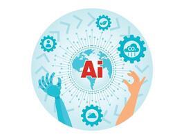 Concept Artificial Intelligence. Robot Hand and Human Hand About to Touch the Earth Icon. vector
