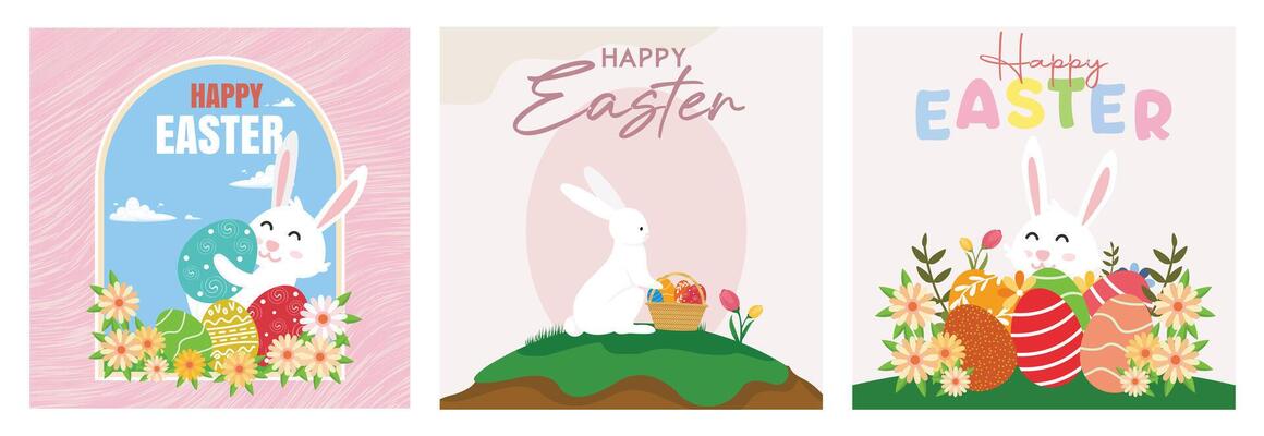 Happy Easter greeting card with cute bunnies, eggs and colorful flowers.