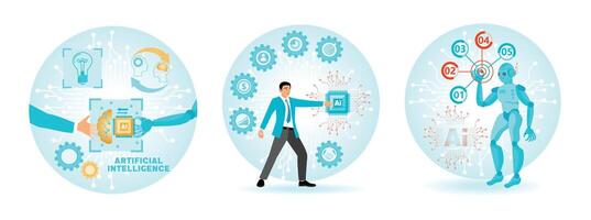 Businessman Handshake with Robot. visionaries point to AI.Robot Hand Voice Chat with Social Icons. vector