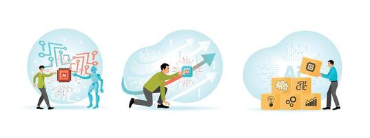Robot and Human Touch Artificial Intelligence. Businessman Touching AI. A man Holding AI Blocks. vector