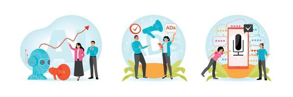 Robots Communicate with Humans. Interactions with Digital Advertising. Voice Search Optimization. vector