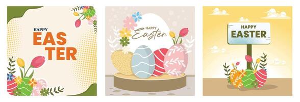 Happy Easter banner design featuring colorful eggs and spring flowers. vector