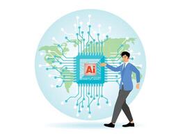 Business Visionaries Point to AI Icon on World Map. Embracing Intelligent Technology Innovation. vector