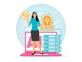 Girl Holds Server with Artificial Intelligence and Technology Integration. vector