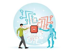Robot and Human Touch Artificial Intelligence of Global Networking, Connection and Data Exchange. vector