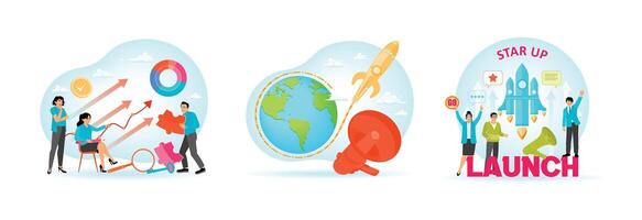 Marketing Campaign Management. Round the Rocket Launch Campaign. Concept New application launch. vector