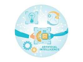 Businessman Handshake with Robot Amidst Artificial Intelligence Icons. vector