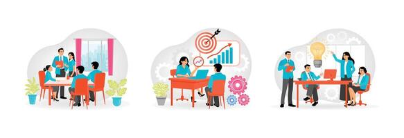 Corporate Team Meets Diverse Clients. Briefing with Clients. Analytical brainstorming method. vector