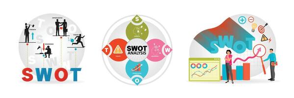 SWOT Analysis Web Icon. Colored Elements of SWOT Analysis. Colleagues Make Strategy Analysis. vector