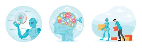 Robot Humanoid Hold Hologram Screen. Mechanical Brain Made of Gears.Robot vs Human Concept. vector