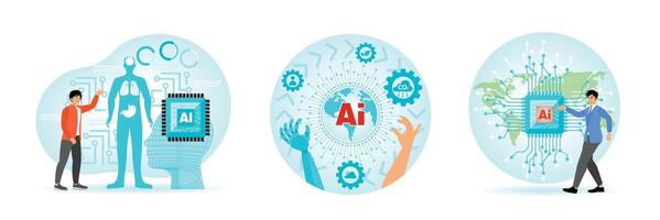 AI in Healthcare. Robots and Humans Touch Earth Icon. Visionaries Point to AI Icon on World Map. vector