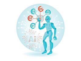 A humanoid robot interacting with a graphically represented brain. vector