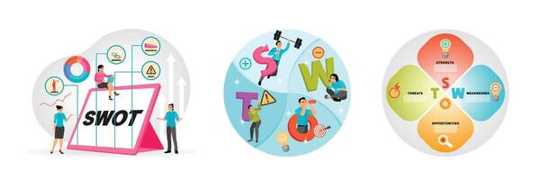 SWOT Analysis Using Four Elements. SWOT Information Analysis. Four Layouts for SWOT Evaluation. vector