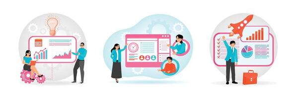 Team Collaborates on Analyzing Growth. Digital Workspace. Celebrates Innovation and Progress. vector