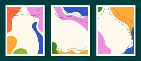 Set of three frames with abstract design in trendy bright colors and space for text in the center. Frames on dark green background.. Templates with a pattern of wavy shapes and lines. vector