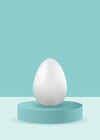 One 3D white Easter egg on a round podium on a neutral blue background. Minimalism and simplicity of aesthetics. Easter egg mockup. vector