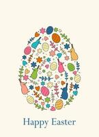 Vertical Easter card, banner with bunnies, flowers and branches in an egg. Modern minimalist design. Happy Easter. vector