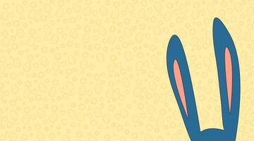 Happy Easter greeting card with blue bunny ears on a yellow background with an Easter pattern. Bunny ears with space for text. Easter card template vector