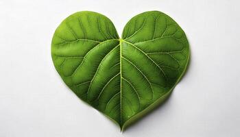 A green leaf shaped like a heart on a white surface photo