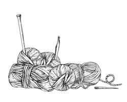 Skeins of knitting thread, balls of yarn with knitting needles and pins. Hobby knitting illustration. Hand drawing line art clipart for handmade product label, card. Isolated from background vector