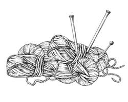Hobby knitting illustration. Skeins of knitting thread, balls of yarn with knitting needles and pins. Hand drawing line art clipart for handmade product label, card. Isolated from background vector