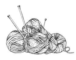 Skeins of knitting thread, balls of yarn with knitting needles and pins. black line art hand drawing illustration. Hobby knitting composition for handmade product label isolated from background vector