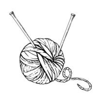 Ball of yarn with knitting needles. Skein of knitting thread, black line art hand drawing illustration. Hobby knitting arrangement for handmade product label design isolated from background vector
