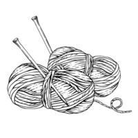 Skeins of knitting thread, balls of yarn with knitting needles. black line art hand drawing illustration. Hobby knitting arrangement for handmade product label design isolated from background vector