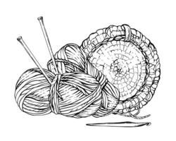 Hobby knitting clipart. Skeins of knitting thread with needles, ball of yarn in crocheted wicker basket. Hand drawn illustration for handicraft labelling, card, label. Isolated from background vector