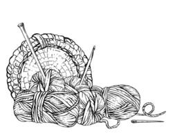 Skeins of knitting thread with needles, ball of yarn in crocheted wicker basket.vHobby knitting line art clipart. Hand drawn illustration for handicraft card, label. Isolated from background vector