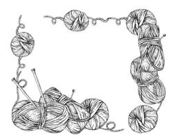 Skeins of knitting thread, balls of yarn with needles and pins rectangular frame. line art hand drawing illustration. Hobby knitting template for handmade product label isolated from background vector