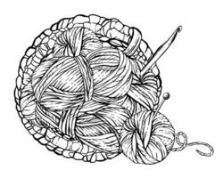 Skeins of knitting thread with needles, ball of yarn in crocheted wicker basket. black line art hand drawn illustration. Hobby knitting clipart for handicraft labelling isolated from background vector