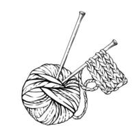 Ball of yarn with knitting needles. Skein of knitting thread. Knitted or crocheted hobby items. black line art hand drawing illustration. Hobby knitting arrangement isolated from background. vector