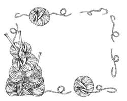 Skeins of knitting thread, balls of yarn with needles and pins banner, frame. line art hand drawing illustration. Hobby knitting template for handmade product label isolated from background vector