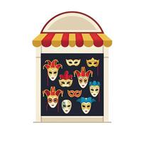 Venetian masks in a shop window, cartoon illustration vector